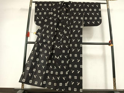 平和屋着物●久留米絣　単衣　扇面文　黒地　綿　逸品　AABL2934fy