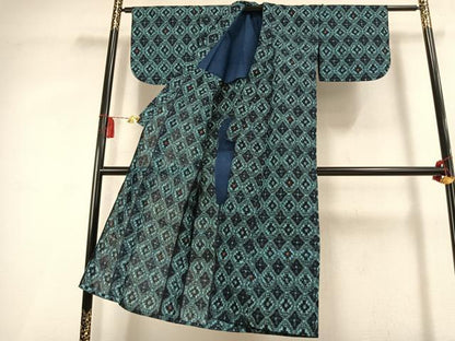 平和屋着物●久留米絣　単衣　亀甲花文　綿　逸品　AABL2935fy