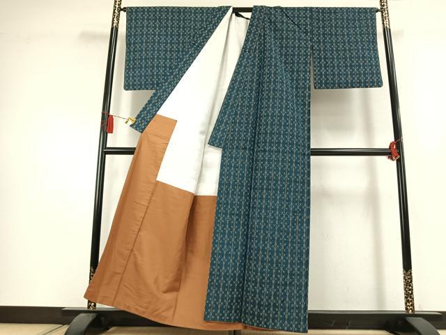 平和屋着物●越後花織紬　幾何学文様　正絹　逸品　AABL2937fy