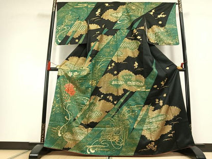 平和屋着物●訪問着　駒刺繍　雲取り花文　黒地　金銀彩　やまと誂製　正絹　逸品　AABL2945fy