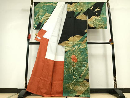 平和屋着物●訪問着　駒刺繍　雲取り花文　黒地　金銀彩　やまと誂製　正絹　逸品　AABL2945fy