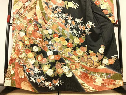 平和屋着物●豪華振袖　駒刺繍　熨斗花鳥文　暈し染め　黒地　金彩　正絹　逸品　AABL2947fy
