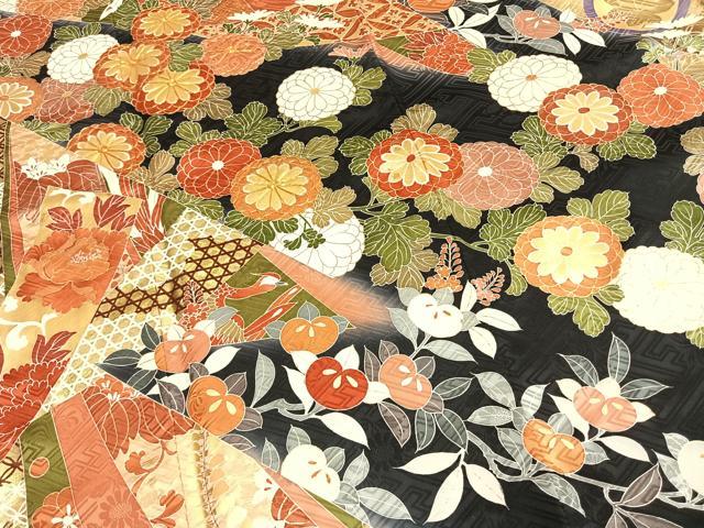 平和屋着物●豪華振袖　駒刺繍　熨斗花鳥文　暈し染め　黒地　金彩　正絹　逸品　AABL2947fy