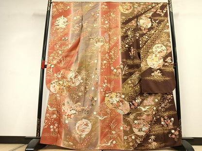 平和屋着物●豪華振袖　駒刺繍　舞蝶花鳥文　暈し染め　金彩　正絹　逸品　AABL2953fy