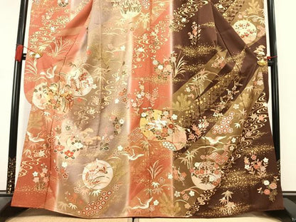 平和屋着物●豪華振袖　駒刺繍　舞蝶花鳥文　暈し染め　金彩　正絹　逸品　AABL2953fy