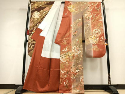 平和屋着物●豪華振袖　駒刺繍　舞蝶花鳥文　暈し染め　金彩　正絹　逸品　AABL2953fy