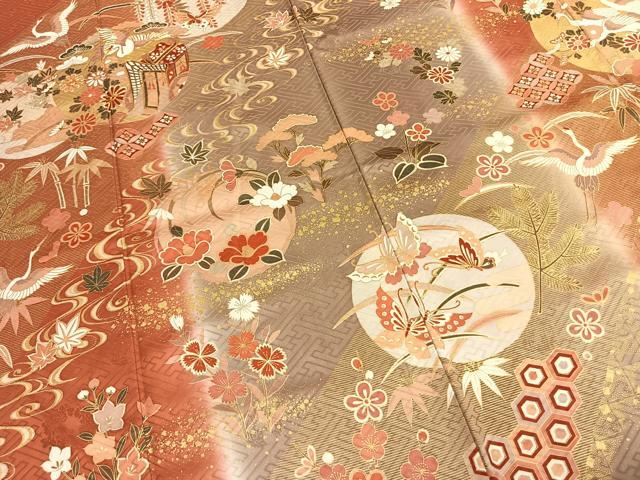 平和屋着物●豪華振袖　駒刺繍　舞蝶花鳥文　暈し染め　金彩　正絹　逸品　AABL2953fy