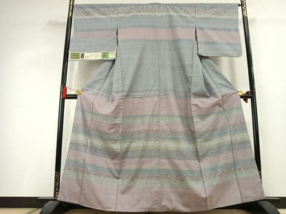 平和屋着物●小千谷紬　訪問着　横段花文　証紙付き　正絹　逸品　AABL2954fy