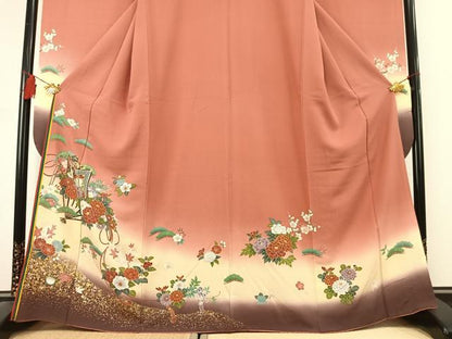 平和屋着物●豪華振袖　御所車花文　暈し染め　金彩　正絹　逸品　AABL2961fy
