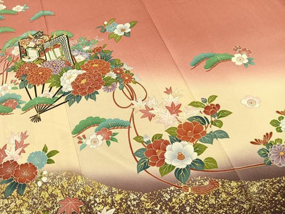 平和屋着物●豪華振袖　御所車花文　暈し染め　金彩　正絹　逸品　AABL2961fy