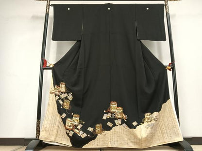 平和屋着物●松尾光琳　黒留袖　貝桶人物花文　金糸　金彩　正絹　逸品　AABL2962fy