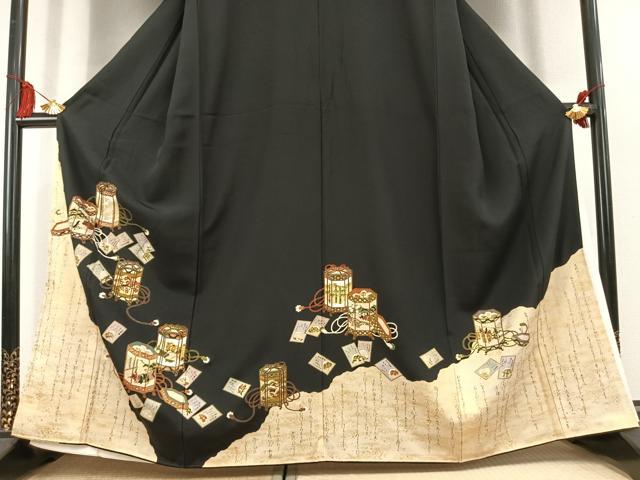 平和屋着物●松尾光琳　黒留袖　貝桶人物花文　金糸　金彩　正絹　逸品　AABL2962fy