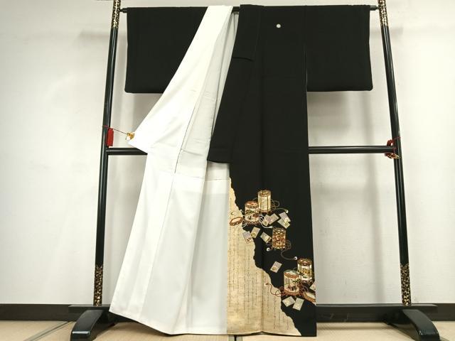 平和屋着物●松尾光琳　黒留袖　貝桶人物花文　金糸　金彩　正絹　逸品　AABL2962fy