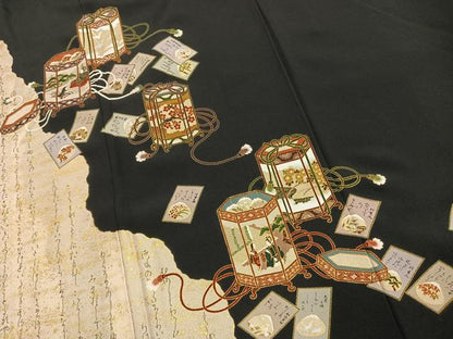 平和屋着物●松尾光琳　黒留袖　貝桶人物花文　金糸　金彩　正絹　逸品　AABL2962fy