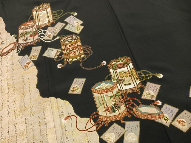 平和屋着物●松尾光琳　黒留袖　貝桶人物花文　金糸　金彩　正絹　逸品　AABL2962fy