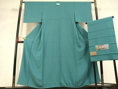 平和屋着物●上質な色無地　粋彩華　四季草木染　青緑色　反端付き　正絹　逸品　未使用　AABL2973fy