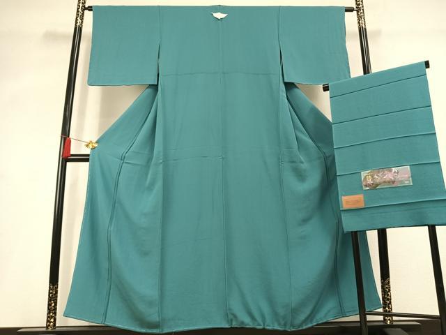 平和屋着物●上質な色無地　粋彩華　四季草木染　青緑色　反端付き　正絹　逸品　未使用　AABL2973fy