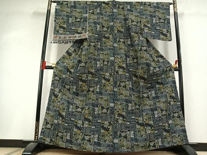 平和屋着物●本真綿結城紬　色紙重ね花文　反端付き　正絹　逸品　AABL3002fy