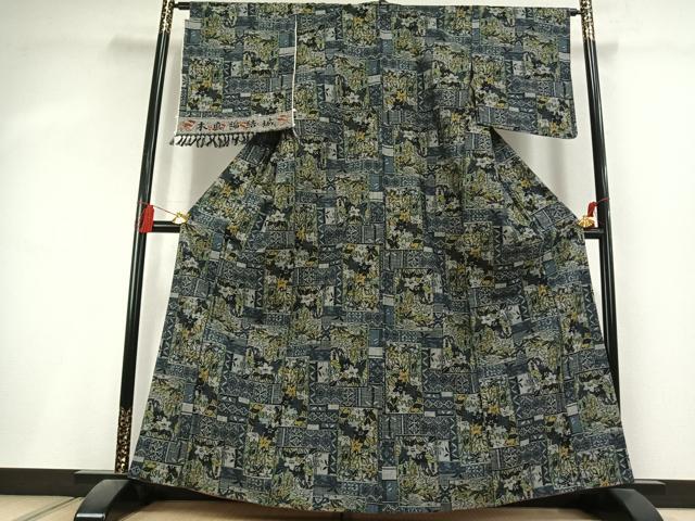 平和屋着物●本真綿結城紬　色紙重ね花文　反端付き　正絹　逸品　AABL3002fy