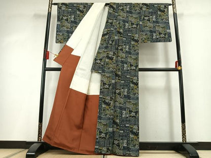 平和屋着物●本真綿結城紬　色紙重ね花文　反端付き　正絹　逸品　AABL3002fy