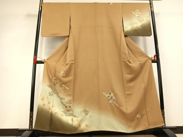 平和屋着物●訪問着　駒刺繍　草花文　暈し染め　金銀彩　正絹　逸品　AABL3012fy
