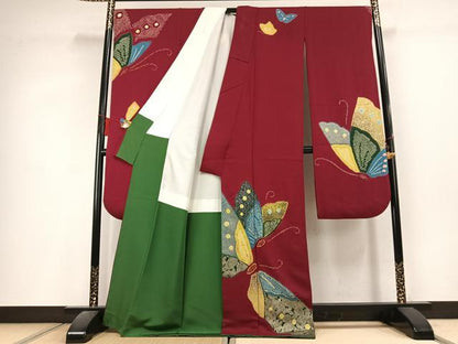 平和屋着物●豪華振袖　絞り　駒刺繍　舞蝶文　金彩　正絹　逸品　AABL3014fy