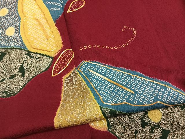 平和屋着物●豪華振袖　絞り　駒刺繍　舞蝶文　金彩　正絹　逸品　AABL3014fy