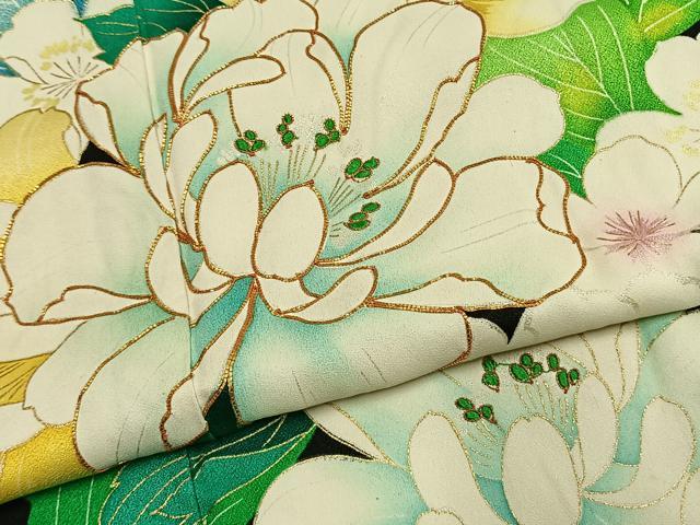 平和屋着物●豪華振袖　駒刺繍　草花文　黒地　金彩　正絹　逸品　AABL3021fy