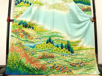 平和屋着物●豪華振袖　刺繍　風景花文　暈し染め　正絹　逸品　AABL3022fy