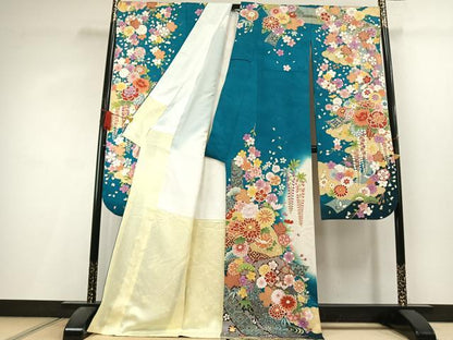 平和屋着物●豪華振袖　駒刺繍　草花文　暈し染め　金彩　銀通し地　正絹　逸品　AABL3034fy