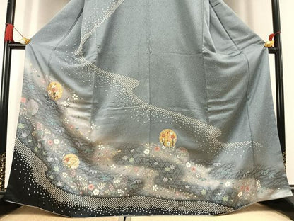 平和屋着物●訪問着　絞り　雪輪花文　暈し染め　金彩　正絹　逸品　AABL3046fy