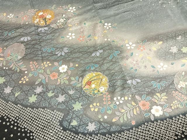 平和屋着物●訪問着　絞り　雪輪花文　暈し染め　金彩　正絹　逸品　AABL3046fy