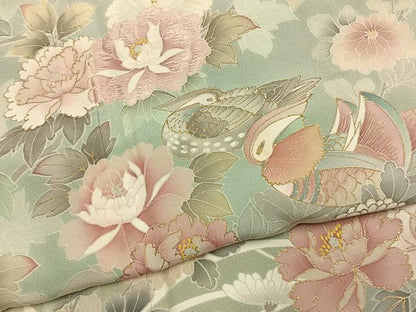 平和屋着物●訪問着　刺繍　花鳥文　暈し染め　金彩　正絹　逸品　AABL3049fy