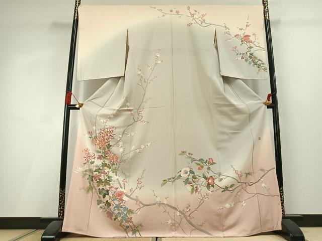平和屋着物●訪問着　友禅　作家物　枝花文　暈し染め　正絹　逸品　AABL3052fy