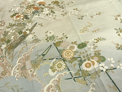 平和屋着物●訪問着　駒刺繍　草花文　暈し染め　金彩　正絹　逸品　AABL3067fy