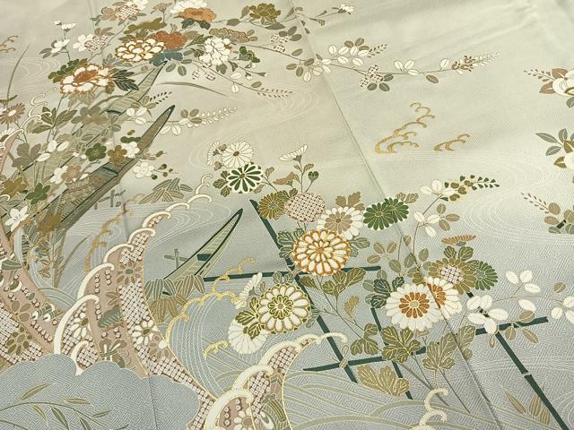 平和屋着物●訪問着　駒刺繍　草花文　暈し染め　金彩　正絹　逸品　AABL3067fy