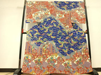 平和屋着物●訪問着　型染め　花蝶文　鬼しぼ縮緬　正絹　逸品　AABL3068fy