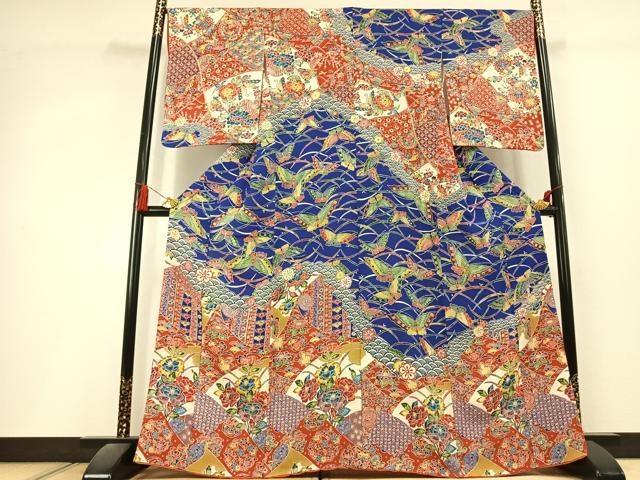 平和屋着物●訪問着　型染め　花蝶文　鬼しぼ縮緬　正絹　逸品　AABL3068fy