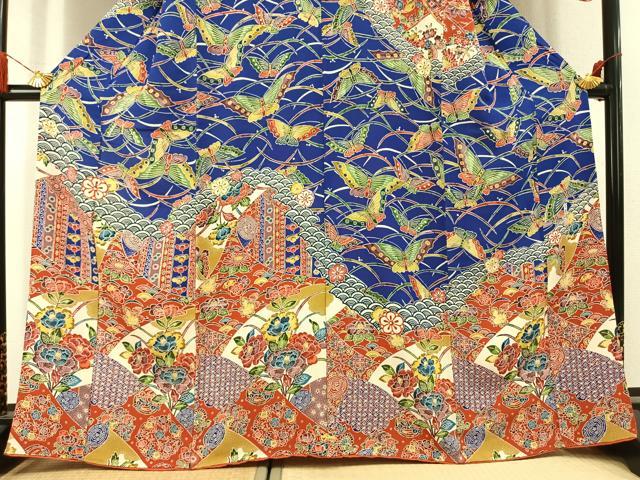 平和屋着物●訪問着　型染め　花蝶文　鬼しぼ縮緬　正絹　逸品　AABL3068fy