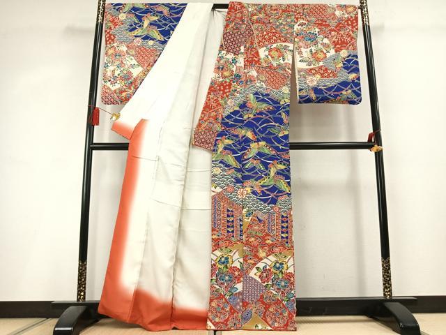 平和屋着物●訪問着　型染め　花蝶文　鬼しぼ縮緬　正絹　逸品　AABL3068fy