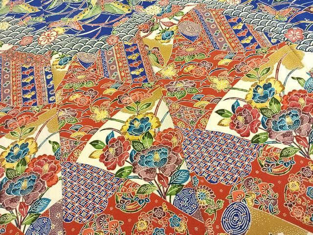 平和屋着物●訪問着　型染め　花蝶文　鬼しぼ縮緬　正絹　逸品　AABL3068fy
