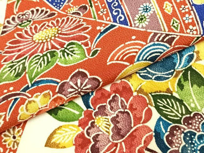 平和屋着物●訪問着　型染め　花蝶文　鬼しぼ縮緬　正絹　逸品　AABL3068fy