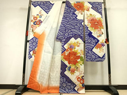 平和屋着物●豪華振袖　絞り　駒刺繍　草花文　金彩　正絹　逸品　AABL3074fy
