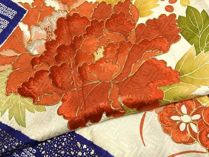 平和屋着物●豪華振袖　絞り　駒刺繍　草花文　金彩　正絹　逸品　AABL3074fy