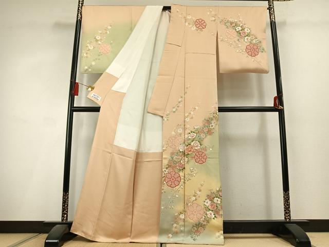 平和屋着物●訪問着　絞り　駒刺繍　草花文　暈し染め　金彩　やまと誂製　正絹　逸品　AABL3082fy