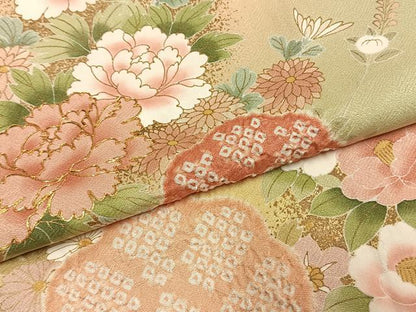平和屋着物●訪問着　絞り　駒刺繍　草花文　暈し染め　金彩　やまと誂製　正絹　逸品　AABL3082fy