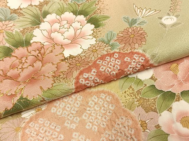 平和屋着物●訪問着　絞り　駒刺繍　草花文　暈し染め　金彩　やまと誂製　正絹　逸品　AABL3082fy