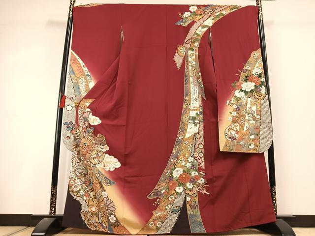平和屋着物●豪華振袖　駒刺繍　鼓花文　暈し染め　金彩　正絹　逸品　AABL3084fy