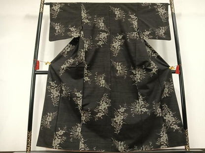 平和屋着物▼上質な紬　草花文　正絹　逸品　AABL3088fy