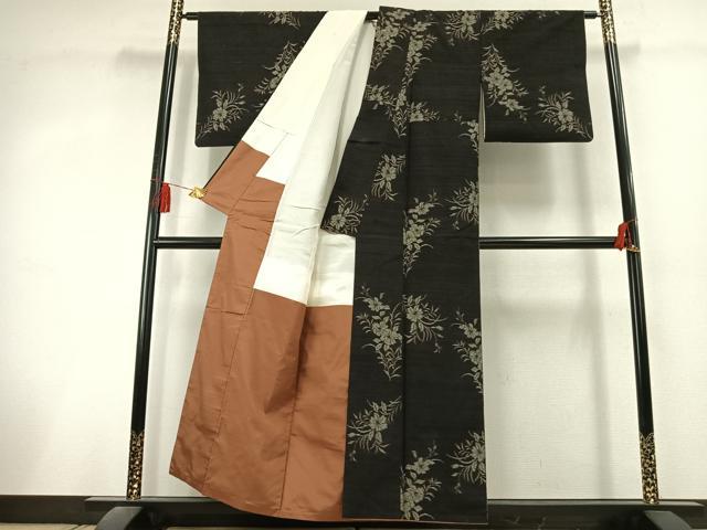 平和屋着物▼上質な紬　草花文　正絹　逸品　AABL3088fy